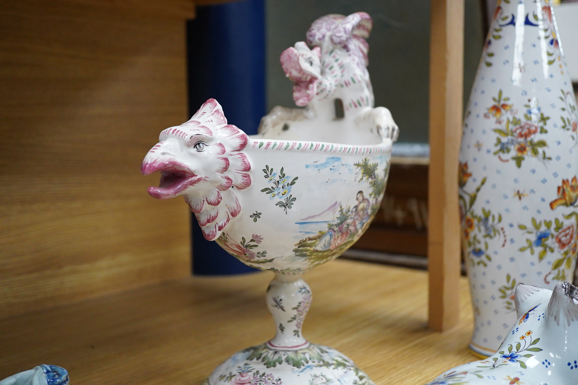 Five French faience pottery items, dating from the late 18th century to late 20th century. Tallest -vase 51cm high.